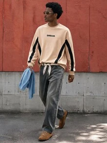 Lonveris Men's Colorblock Sweatshirt, Pure Cotton, Minimalist Letter Design - Apricot - View 3
