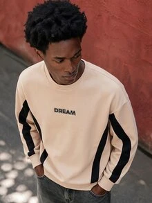 Lonveris Men's Colorblock Sweatshirt, Pure Cotton, Minimalist Letter Design - Apricot - View 4