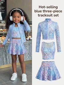 Tween Girl Tween Girls Tween Girl Colorful Leopard Print Sportswear Set 3pcs Casual Versatile - Blue - View 15
