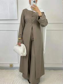 Solavon New Design Vintage Napoleon Double-Breasted Waist-Cinching Slimming Long Suit Set - Khaki - View 2