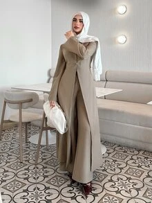 Solavon New Design Vintage Napoleon Double-Breasted Waist-Cinching Slimming Long Suit Set - Khaki - View 5