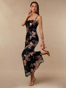 Silquee 女款優雅法式亮片方領細肩帶洋裝，秋季女裝，優雅女式洋裝，節慶穿搭，新年洋裝 - 黑色 - 查看 9