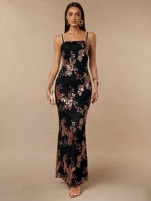 Silquee 女款優雅法式亮片方領細肩帶洋裝，秋季女裝，優雅女式洋裝，節慶穿搭，新年洋裝 - 黑色 - 查看 4