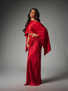 MISSGUIDED Satin Mermaid Skirt With Lace Corset Waistband Ruched Drape Detail Elegant Evening Party Holiday Occasion Long Skirt - Red - View 5