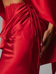 MISSGUIDED Satin Mermaid Skirt With Lace Corset Waistband Ruched Drape Detail Elegant Evening Party Holiday Occasion Long Skirt - Red - View 6