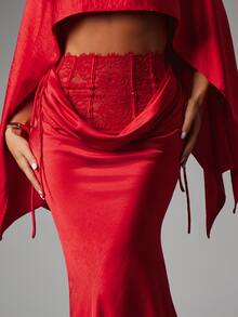 MISSGUIDED Satin Mermaid Skirt With Lace Corset Waistband Ruched Drape Detail Elegant Evening Party Holiday Occasion Long Skirt - Red - View 4