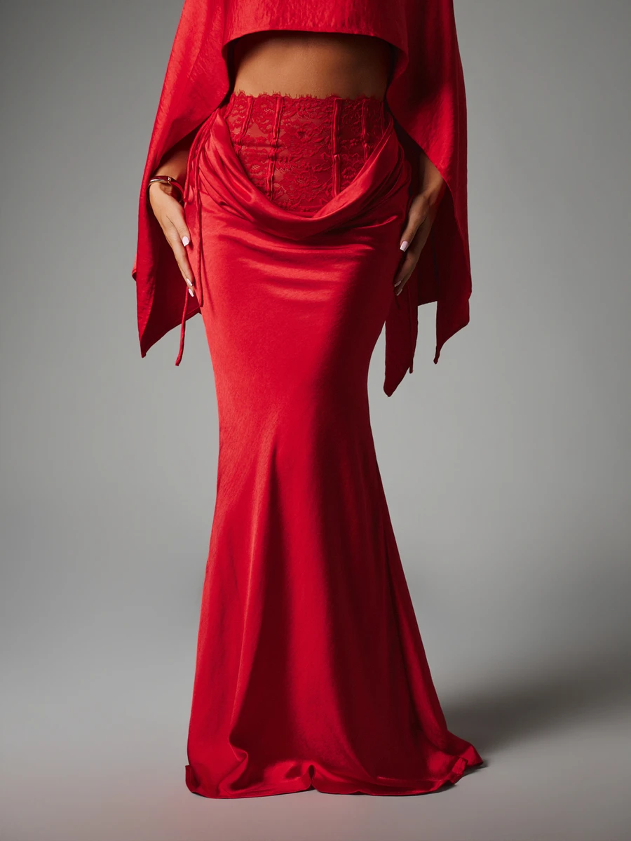 MISSGUIDED Satin Mermaid Skirt With Lace Corset Waistband Ruched Drape Detail Elegant Evening Party Holiday Occasion Long Skirt - Red - View 1