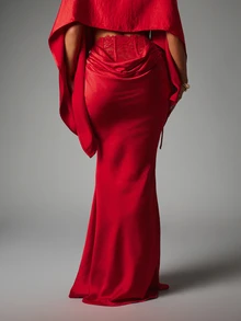 MISSGUIDED Satin Mermaid Skirt With Lace Corset Waistband Ruched Drape Detail Elegant Evening Party Holiday Occasion Long Skirt - Red - View 3