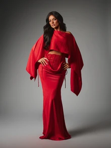 MISSGUIDED Satin Mermaid Skirt With Lace Corset Waistband Ruched Drape Detail Elegant Evening Party Holiday Occasion Long Skirt - Red - View 2