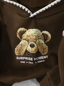 SHEIN Elladie kids 女童熊圖案貝殼縫線運動衫，可愛字母印花抓絨內裡保暖秋季棕色套頭衫，7歲生日母女套裝 - 棕色 - 查看 4