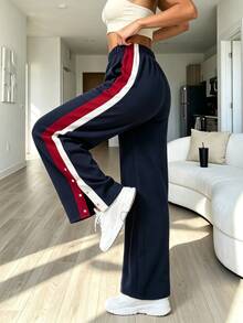 BamGleam Women's Colorblock Loose Straight Leg Sweatpants, High Waist, Elastic Drawstring, Wide Leg, Multi-Color Patchwork, Gym, Navy Blue Winter - Multicolor - View 5