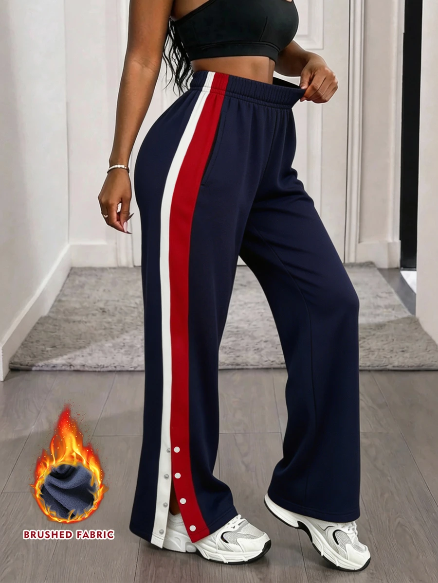 BamGleam Women's Colorblock Loose Straight Leg Sweatpants, High Waist, Elastic Drawstring, Wide Leg, Multi-Color Patchwork, Gym, Navy Blue Winter - Multicolor - View 1