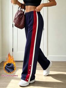 BamGleam Women's Colorblock Loose Straight Leg Sweatpants, High Waist, Elastic Drawstring, Wide Leg, Multi-Color Patchwork, Gym, Navy Blue Winter - Multicolor - View 3
