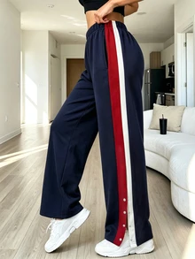 BamGleam Women's Colorblock Loose Straight Leg Sweatpants, High Waist, Elastic Drawstring, Wide Leg, Multi-Color Patchwork, Gym, Navy Blue Winter - Multicolor - View 6