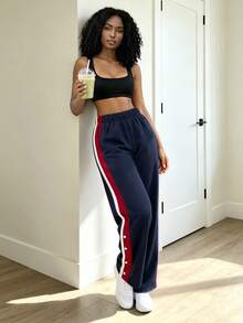 BamGleam Women's Colorblock Loose Straight Leg Sweatpants, High Waist, Elastic Drawstring, Wide Leg, Multi-Color Patchwork, Gym, Navy Blue Winter - Multicolor - View 7