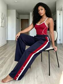 BamGleam Women's Colorblock Loose Straight Leg Sweatpants, High Waist, Elastic Drawstring, Wide Leg, Multi-Color Patchwork, Gym, Navy Blue Winter - Multicolor - View 8