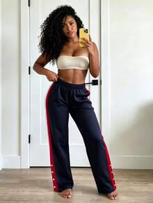 BamGleam Women's Colorblock Loose Straight Leg Sweatpants, High Waist, Elastic Drawstring, Wide Leg, Multi-Color Patchwork, Gym, Navy Blue Winter - Multicolor - View 4