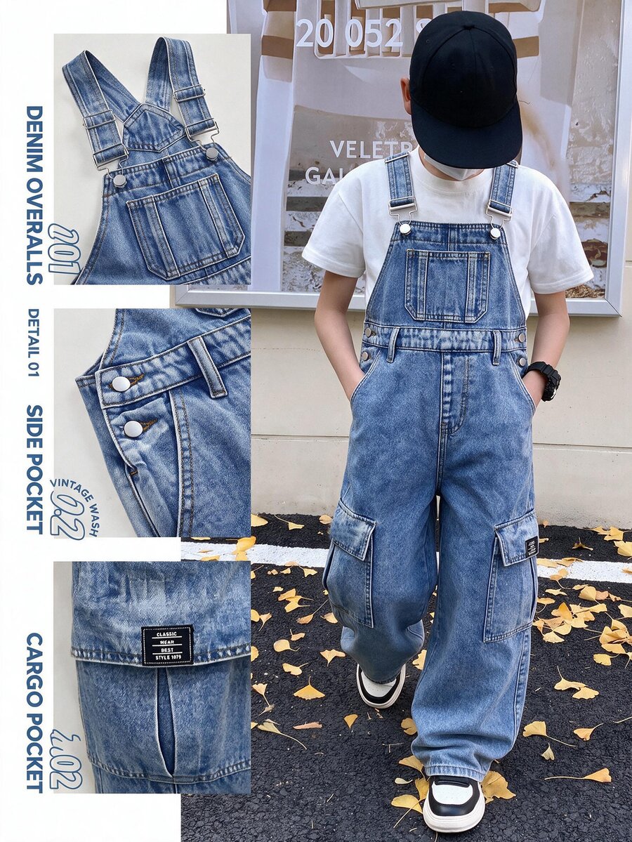 SHEIN Little Byeori 兒童青少年男孩時尚休閒 Y2K 口袋設計藍色鬆腰束帶牛仔褲,適合黑色上學穿搭 - 藍色 - 查看 1