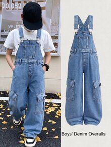 SHEIN Little Byeori 兒童青少年男孩時尚休閒 Y2K 口袋設計藍色鬆腰束帶牛仔褲，適合黑色上學穿搭 - 藍色 - 查看 3