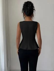 SHEIN PETITE Áo top nữ màu trơn mặc thường ngày phong cách casual - màu đen - Xem 2