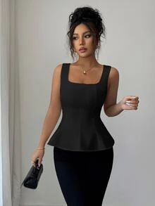 SHEIN PETITE Áo top nữ màu trơn mặc thường ngày phong cách casual - màu đen - Xem 4