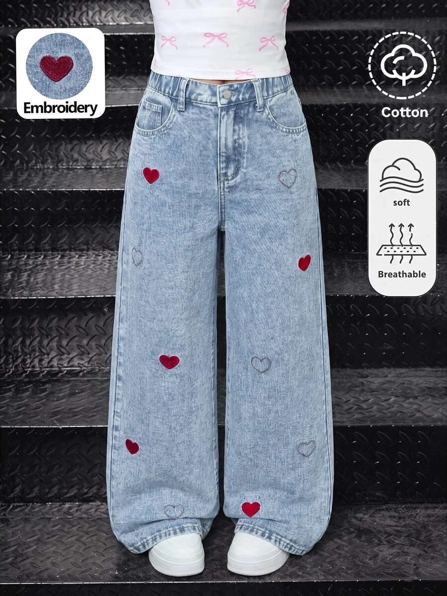 SHEIN Girlism Tween Girl Heart Embroidered Pattern Blue Denim Loose Fit Long Pants Fall Clothes Winter Casual - Blue - View 1