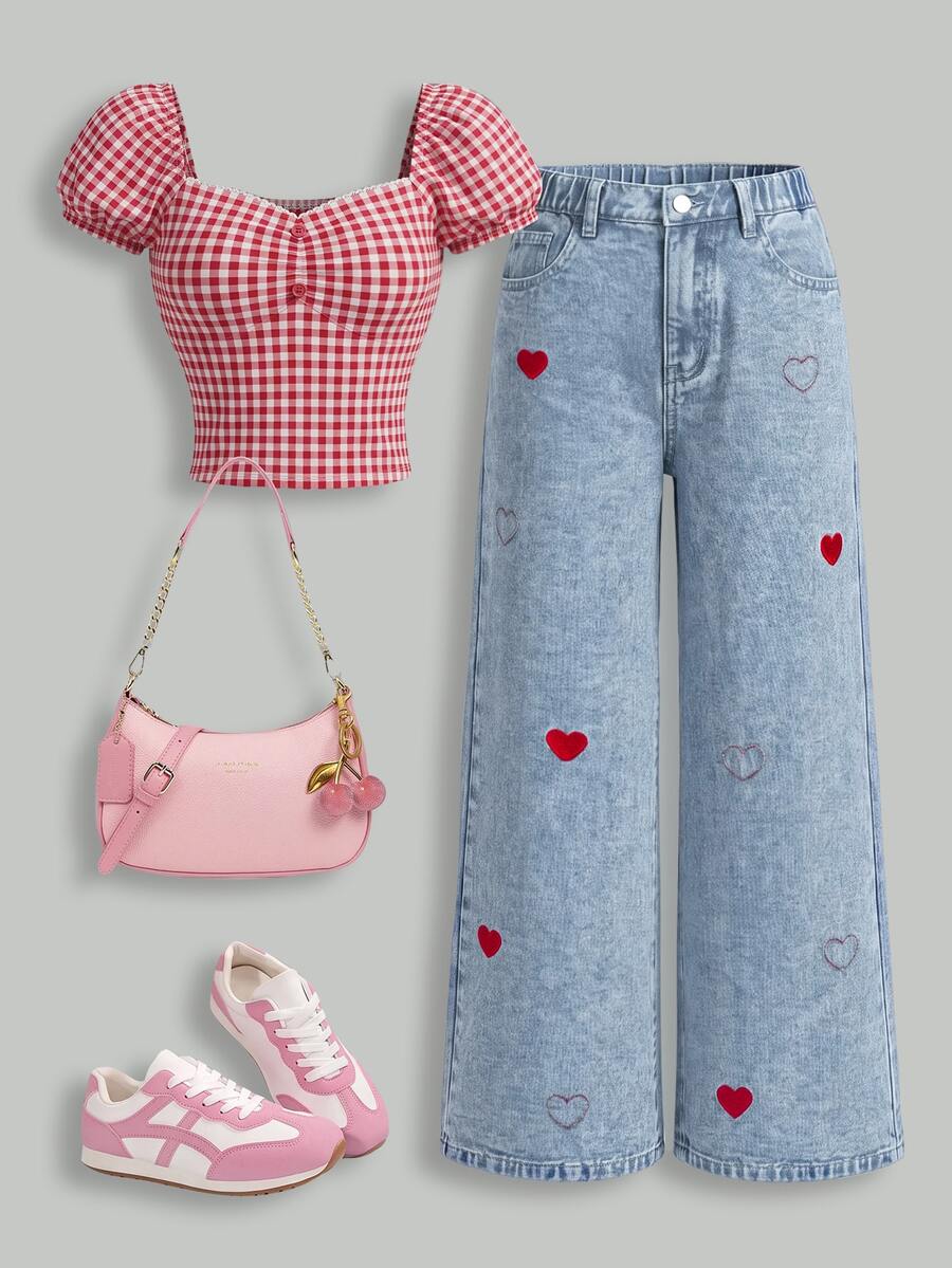 SHEIN Girlism Tween Girl Heart Embroidered Pattern Blue Denim Loose Fit Long Pants Fall Clothes Winter Casual - Blue - View 1