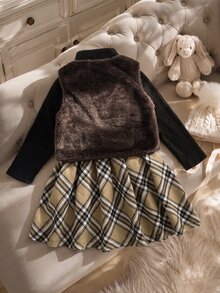 SHEIN 女童3件套，秋季風格人造毛皮背心、長袖上衣與裙子，聖誕休閒可愛秋冬套裝，秋季/冬季 - 黑色 - 查看 2