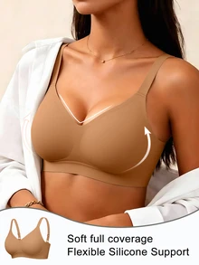 SHEIN 1pc Women's Simple Comfortable Seamless Jelly Glue Wireless Bra With Removable Padding - Brown - View 5