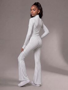 SHEIN Tween Girls Clothing White With Black Dot Print 2 Pieces Set Including Long Sleeve Top And Matching Pants, Made Of Elastic Comfortable Fabric. Simple Solid Color Style With Good Stretch, Suitable For Sports Practice, Casual Exercise And Daily Activities, Meeting All-Day Wear Needs. - Black and White - View 2