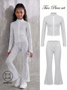 SHEIN Tween Girls Clothing White With Black Dot Print 2 Pieces Set Including Long Sleeve Top And Matching Pants, Made Of Elastic Comfortable Fabric. Simple Solid Color Style With Good Stretch, Suitable For Sports Practice, Casual Exercise And Daily Activities, Meeting All-Day Wear Needs. - Black and White - View 1