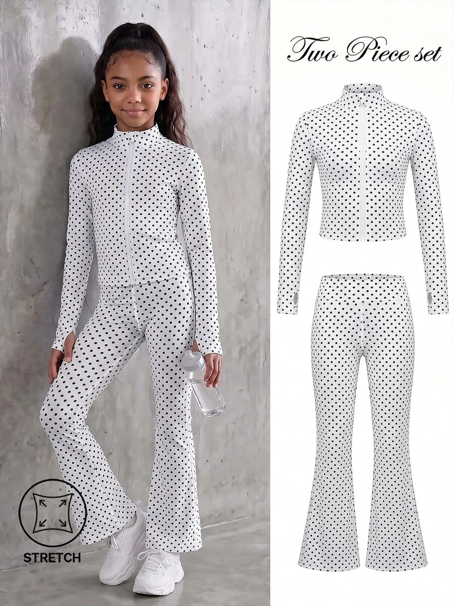 SHEIN Tween Girls Clothing White With Black Dot Print 2 Pieces Set Including Long Sleeve Top And Matching Pants, Made Of Elastic Comfortable Fabric. Simple Solid Color Style With Good Stretch, Suitable For Sports Practice, Casual Exercise And Daily Activities, Meeting All-Day Wear Needs. - Black and White - View 1