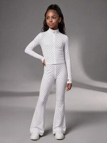 SHEIN Tween Girls Clothing White With Black Dot Print 2 Pieces Set Including Long Sleeve Top And Matching Pants, Made Of Elastic Comfortable Fabric. Simple Solid Color Style With Good Stretch, Suitable For Sports Practice, Casual Exercise And Daily Activities, Meeting All-Day Wear Needs. - Black and White - View 4