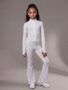 SHEIN Tween Girls Clothing White With Black Dot Print 2 Pieces Set Including Long Sleeve Top And Matching Pants, Made Of Elastic Comfortable Fabric. Simple Solid Color Style With Good Stretch, Suitable For Sports Practice, Casual Exercise And Daily Activities, Meeting All-Day Wear Needs. - Black and White - View 3