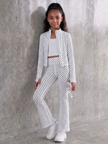 SHEIN Tween Girls Clothing White With Black Dot Print 2 Pieces Set Including Long Sleeve Top And Matching Pants, Made Of Elastic Comfortable Fabric. Simple Solid Color Style With Good Stretch, Suitable For Sports Practice, Casual Exercise And Daily Activities, Meeting All-Day Wear Needs. - Black and White - View 6