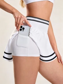 SHEIN Sovereign Charm Women's White And Black Pleated Tennis Skirt With Pockets Hemline Sports Mini Daily Workout Golf All Seasons Summer Athletic Essential - Multicolor - View 4
