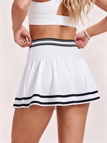 SHEIN Sovereign Charm Women's White And Black Pleated Tennis Skirt With Pockets Hemline Sports Mini Daily Workout Golf All Seasons Summer Athletic Essential - Multicolor - View 3