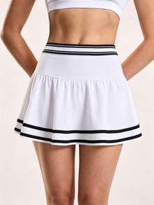 SHEIN Sovereign Charm Women's White And Black Pleated Tennis Skirt With Pockets Hemline Sports Mini Daily Workout Golf All Seasons Summer Athletic Essential - Multicolor - View 6