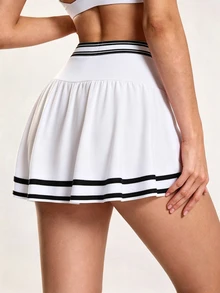 SHEIN Sovereign Charm Women's White And Black Pleated Tennis Skirt With Pockets Hemline Sports Mini Daily Workout Golf All Seasons Summer Athletic Essential - Multicolor - View 8