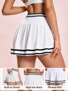 SHEIN Sovereign Charm Women's White And Black Pleated Tennis Skirt With Pockets Hemline Sports Mini Daily Workout Golf All Seasons Summer Athletic Essential - Multicolor - View 1