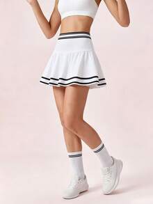 SHEIN Sovereign Charm Women's White And Black Pleated Tennis Skirt With Pockets Hemline Sports Mini Daily Workout Golf All Seasons Summer Athletic Essential - Multicolor - View 5