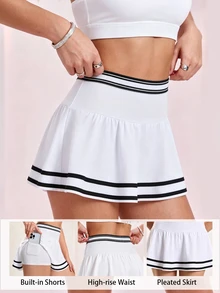 SHEIN Sovereign Charm Women's White And Black Pleated Tennis Skirt With Pockets Hemline Sports Mini Daily Workout Golf All Seasons Summer Athletic Essential - Multicolor - View 2