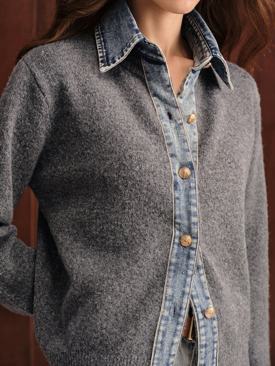 Anewsta French Autumn/Winter High-End Fashion Design Elegant Sophisticated Lazy Casual Style Denim Patchwork 2 In 1 Cardigan - Dark Grey - View 1