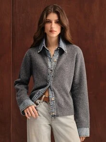 Anewsta كارديجان فرنسي خريف/شتاء بتصميم موضة راقي أنيق متطور بأسلوب كاجوال مريح مع رقعات جينز 2 في 1 - رمادي غامق - مشاهدة 3