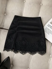 Elamini Autumn/Winter New American Minimalist Black Suede-Like Fitted Lace Patchwork Anti-Exposure Mini Skirt, Casual Street Style - Black - View 1