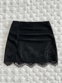 Elamini Autumn/Winter New American Minimalist Black Suede-Like Fitted Lace Patchwork Anti-Exposure Mini Skirt, Casual Street Style - Black - View 6