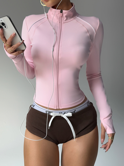 Dewbera Dewbera Sporty Chic Contrast Color Zip Up Fitted Yoga Jacket, Elegant Design For Workout, Daily Life & Casual Wear