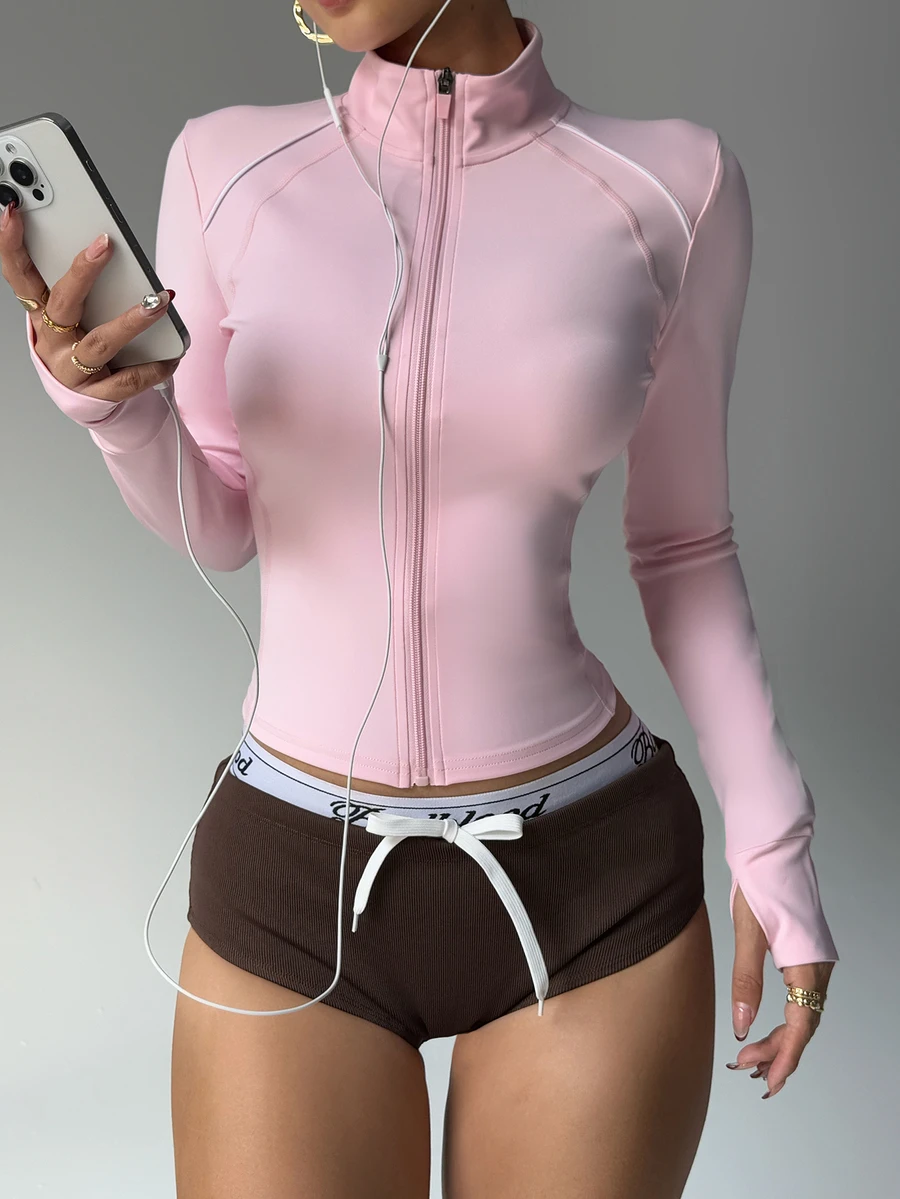 Dewbera Dewbera Sporty Chic Contrast Color Zip Up Fitted Yoga Jacket, Elegant Design For Workout, Daily Life & Casual Wear