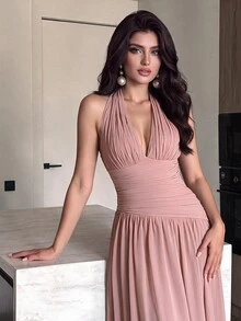 Modelyn Women's Gentle Style Pleated Halter Neck Formal Evening Gown (Heavy Craftsmanship) - Dusty Pink - View 2