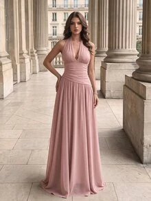 Modelyn Women's Gentle Style Pleated Halter Neck Formal Evening Gown (Heavy Craftsmanship) - Dusty Pink - View 5